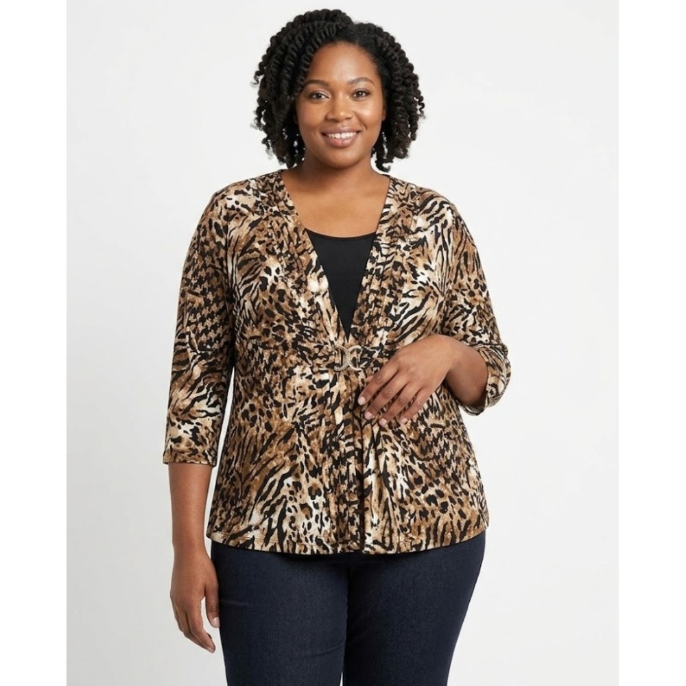 JM Collection size XL Leopard Print Houndstooth Stretch Layered 3/4‎ Sleeve Top